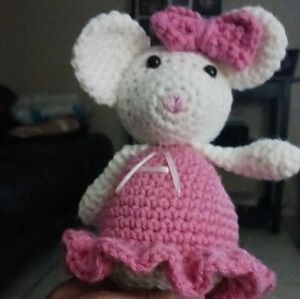 Handmade Pink and White Crochet Mouse Toy